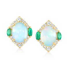 Ross-Simons - Ethiopian Opal Earrings, .29ct t. w. Diamonds, .20ct t. w. Emeralds. Fanciful 7x9mm oval Ethiopian opal cabochons glimmer from elegant marquise-shaped settings, adorned with .29 ct. t. w. round brilliant-cut diamonds and rich color from .20 ct. t. w. marquise emeralds. Set in polished 14kt yellow gold. Post/clutch, diamond, emerald and opal earrings. Opal birthstones are the perfect gift for October birthdays. October Birthdays, Ethiopian Opal Earrings, Emerald Necklace Pendant, Sapphire Necklace Pendants, Opal Birthstone, Earrings Opal, Multi Gemstone Ring, Ethiopian Opal Ring, Fire Opal Ring