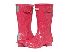 Hunter Kids Original Giant Glitter Wellington Boots (Little Kid/Big Kid) - Kid's Shoes : Thrift : Please note: Hunter Kids lists the UK size on all footwear. For example, if you order a US 10 Toddler the size printed on footwear and packaging will be a size 9. Hunter Kids Original Giant Glitter Wellington Boots feature a classic pull-on style rain bot with branding and buckle detailing. Available in three color options. Rubber upper and outsole. Textile lining and insole. Imported. Measurements: Heel Height: 1 1 4 in Weight: 15 oz Shaft: 7 in Product measurements were taken using size 13 Little Kid, width M. Please note that measurements may vary by size. Rain Boots For Kids, Hunter Rain Boots Toddler Boy, Hunter Rain Boots Toddler, Rainbow Kid Hunter Boots, Hunter Kids, Pink Boots Kids, Wellington Boot, Wellington Boots, Special Features