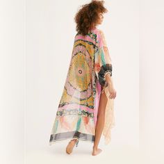 Excellent Condition, Worn Once Pink Long Cover-up For Festivals, Pink Kimono For Beach Cover-up, Pink Kimono For Beach Cover-up During Beach Season, Long Pink Cover-up For Festival, Long Pink Festival Cover-up, Pink Boho Print Kimono For Beach, Pink Festival Cover-up With Kimono Sleeves, Pink Bohemian V-neck Kimono, Bohemian Pink Printed Cover-up