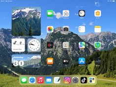 an image of the home screen of a computer with many app icons on it and mountains in the background