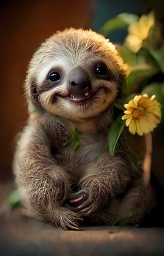 a baby sloth holding onto a flower