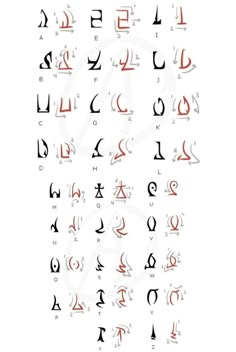 an arabic alphabet with the letters and numbers in red, black and white ink on a white background