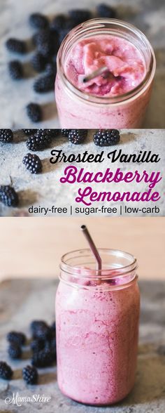 two jars filled with raspberry lemonade and topped with fresh blackberries on the side