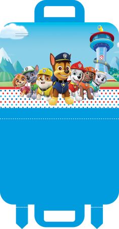 a blue suitcase with paw patrol characters on it