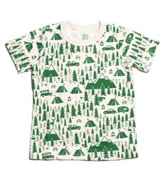 Fun camping shirt for the camp loving little one. Beautiful bright green color makes the print jump off the shirt. Color: Green Designer: Winter Water Factory Made in: Brooklyn, New York Fabric Information: 100% Organic Cotton *100% of materials used are Made in the USA. Water Factory, One Piece Outfit, Children's Boutique, Kids Boutique, Soft Tops, Camping Shirt, Summer Baby, Short Rompers, Kids Design