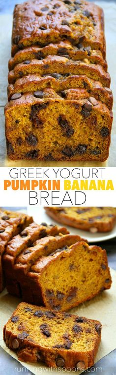 a loaf of pumpkin bread with chocolate chips on top and the words, greek yogurt pumpkin bread bread