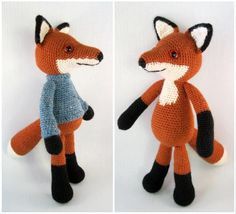 two pictures of a stuffed animal that is made to look like a fox or other animal