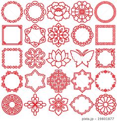 a large collection of red and white ornamental design elements, such as frames, flowers, hearts