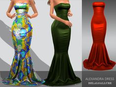 three different colored dresses are shown in this image, one is green and the other is red