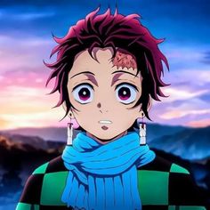 an anime character with red hair and blue scarf looking at the camera in front of a sunset