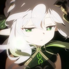 an anime character with green eyes and white hair