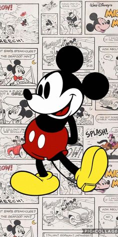 a mickey mouse cartoon character in front of comic pages