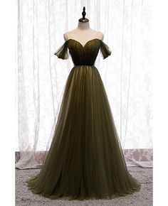 Buy pleated dusty green tulle formal prom dress with beaded waist at affordable price online. Free shipping and pro custom service since 2009. Prom Dress Green, Baddie Dresses, Tulle Long Prom Dress, Queen Outfits, Fantasy Outfits, Matric Dance, Off Shoulder Evening Dress, Green Evening Dress, Green Tulle