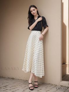 Lasaky - Elegant Retro Polka Dot Satin Midi Skirt with Graceful Draping, High Waist, and Flowing A-line Silhouette Spring Polka Dot Skirted Bottoms, Polka Dot Skirted Bottoms For Spring, Elegant Polka Dot Skirt For Spring, Summer Polka Dot Flowy Skirt, Polka Dot Long Skirt For Spring, Casual Long Polka Dot Skirt, Spring Polka Dot Long Skirt, Elegant Polka Dot Skirt For Summer, Polka Dot Lined Skirt Bottoms For Spring