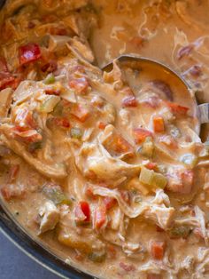 a ladle full of chicken and vegetable chowder in a pot with a spoon