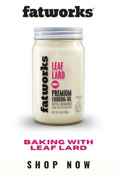 a jar of baking with leaf lard on the front and back of it is shown