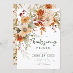 an elegant thanksgiving dinner party card with flowers and leaves on the front, in white background