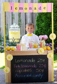 a young boy sitting at a lemonade stand