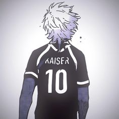 a drawing of a male soccer player with white hair and blue eyes wearing a black jersey