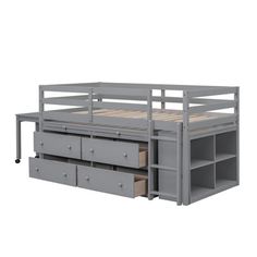 the bunk bed with drawers is made from metal and has multiple compartments on each side