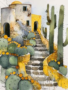 a watercolor painting of cactus and steps leading up to a building with yellow paint