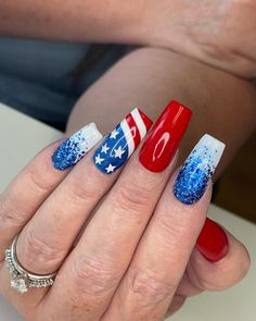 July Nails Ideas, Bright Colored Nails, Patriotic Nails Design, Patriotic Nails, Usa Nails, Fourth Of July Nails, 4th Of July Nails, Polygel Nails, July Nails