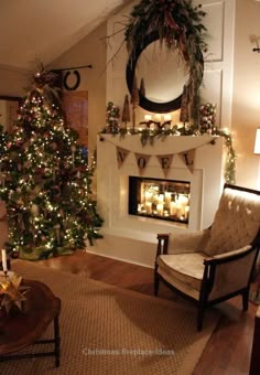 a living room filled with furniture and a fire place next to a christmas tree in front of a fireplace