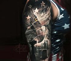 an american flag and eagle tattoo on the left arm, with stars in the background