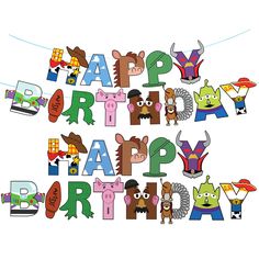 the words happy birthday are made up of cartoon characters