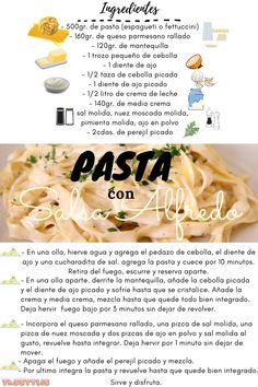 the recipe for pasta alla alpesa is shown in spanish and has an image of ingredients