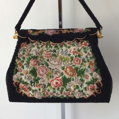 "This Beautiful Black Hand Beaded Tapestry Evening Bag is in excellent vintage condition. There are no rips, stains, missing beads, or unpleasant odors. This bag is simply stunning. It was hand beaded in Hong Kong. It measures approximately: Length: 8.0\" Height: 5.5\" Depth: 1.5\" Strap drop: 4.0\" It is rare to find a hand beaded vintage bag in this condition. Don't hesitate, this one is a beauty It will ship from a smoke and pet free environment." Vintage Black Embellished Bags, Handmade Tapestry Evening Bags, Handmade Tapestry Bags For Evening, Vintage Beaded Shoulder Bag, Vintage Beaded Shoulder Bag For Everyday Use, Beaded Tapestry, Amanda Smith, Beaded Evening Bags, Vintage Bag