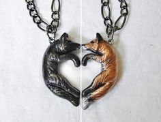 IMPORTANT: I currently have a 2 week waiting period for all orders before I can ship them. Please take this into account before ordering as unfortunately I am not able to ensure delivery of an item before 2 weeks. I am very sorry for any trouble.-----------------------------Price includes both necklaces. A perfect gift for the fox and wolf lover in your life!Two necklaces, perfect for any couple, that come together to kiss and form a heart. They are hand painted with acrylic paints and metallic Fox And Wolf, Therian Stuff, Fox Jewelry, Foxes Necklace, Two Necklaces, Fox Lover, Drawing Animals, Hand Pain, Wolf Love