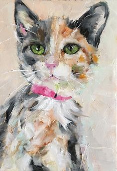 a painting of a cat with green eyes and a pink ribbon around it's neck