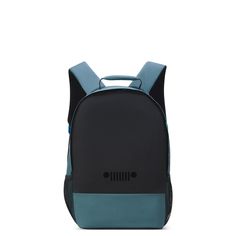 a blue and black backpack on a white background