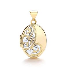 "A very pretty 9ct yellow and white gold oval shaped locket with half engraved ivy trail scrolll pattern. Locket size approx 15mm x 12mm (excluding bale). The locket is hinged and can take 2 photos. Hallmarked. Choose with or without a 16\", 18\" or 20\" curb chain also 9ct yellow gold. 16\" chain - weight 0.8g 18\" chain - weight 0.9g 20\" chain - weight 1.0g Your jewel is presented in an elegant JQS branded gift box. Your Guarantee of Purity - This product is real 9K Gold ------------------------------------------------------------------------- All of our 9K gold products comply with the UK Hallmarking Act so you can be confident that what you buy from JQStudio is 'real' and as described. All items are hallmarked if above the minimum weight; anything below these weights is exempt from ha Engraved Locket, Oval Locket, Gold Locket, 20 Gifts, Silver Lockets, Photo Locket, Branded Gifts, Fabric Ribbon, Locket Necklace