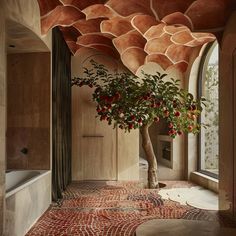 a tree in the middle of a room with red tiles on the floor and walls