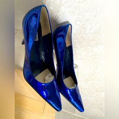 Royal Blue Mirror Heels 3 1/2 Inch Heel Brand New Supper Cute Platinum Collection By Jade Blue Round Toe Court Shoes For Party, Blue Patent Leather Party Heels, Blue Patent Leather Heels For Party, Blue Party Court Shoes With Round Toe, Blue Pointed Toe Court Shoes For Evening, Blue High Heel Court Shoes For Party, Blue Court Shoes With 4-inch Heel For Party, Blue Pointed Toe Court Shoes With 4-inch Heel, Fitted Blue Pointed Toe Court Shoes