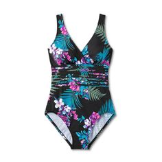 Get suited up for sunny adventures in fun, tropical style with this Waist Detail Over-the-Shoulder One-Piece Swimsuit from Aqua Green®. This full-coverage one-piece swimsuit features a vibrant floral print with pleated detailing on the waist for a beautiful look. Made with a mix of soft and stretchy tricot fabric, the pull-on swimsuit offers flexible comfort both in and out of the water, and the UPF 50+ rating helps keep you protected from harsh sun rays. Plus, removable cups offer customizable Black Tropical Print Swimwear For Vacation, Black Tropical Swimwear For Vacation, Tropical Black Swimwear For Vacation, Black Tropical Print Swimwear, Black Tropical Printed Swimwear, Black Printed Tropical Swimwear, Black Tropical Print Beachy Swimwear, Black Tropical Swimwear With Floral Print, Black Tropical Swimwear