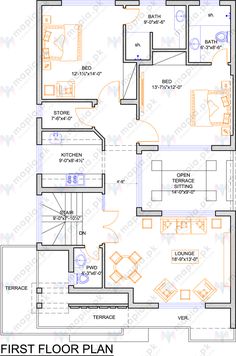 the first floor plan for a two bedroom apartment with an attached kitchen and living room