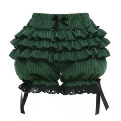 PRICES MAY VARY. Style - Women's vintage victorian gothic lolita ruffle pumpkin shorts, girls kawaii layers ruffle bloomers under shorts. Package Included - 1* Green bloomer. Design - Elastic waist for comfy fit, layered ruffle bow trim design, stretchy ruffled leg openings, sweet-heart lace ruffle hem, loose fit. Material - Versatile vintage look, made of textured and lightweight seersucker fabric, soft, comfortable and breathable to wear. Occasion - Can be worn daily, can be used as pajamas, s Pumpkin Pants, Ruffles Pattern, Pastel Goth Outfits, Ruffle Bloomers, Grunge Shirt, Lace Trim Shorts, Bloomers Shorts, Ruffle Pants, Casual Summer Shorts