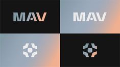 four different logos with the word vam in white on black and orange background,