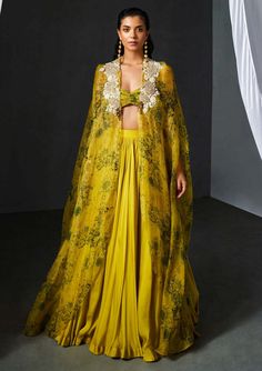 Bhumika Sharma-Mustard Printed Blossom Cape Lehenga Set-INDIASPOPUP.COM Mustard Yellow Lehenga, Bustier And Skirt, Black Blossom, Cape Lehenga, Maxi Dress Designs, Runway Fashion Couture, Indian Look, Desi Fashion Casual, Bridal Silk Saree