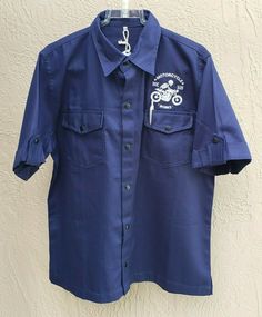 Casual Short Sleeve Shirt For Biker Events, Cotton Biker Shirt For Biker Events, Casual Cotton Shirt For Biker Events, Biker Style Cotton Shirt For Streetwear, Workshirt Design, Vintage Shirt With Pockets For Workwear, Blue Workwear Shirt With Pockets, Blue Workwear Shirt With Patch Pockets, Blue Work Shirt