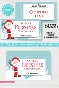 santa's coupon book with envelopes for christmas and other holiday items on it