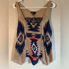 This Knit Tank Top Is Neutral Colors With Some Bold Red/Orange Accents. This Boho Style Tank Had Tribal Aztec Indigenous Print. This Is Nwt See Pictures For Measurements White Crochet Tank Top, Wrap Tank Top, White Crochet Top, Striped Sleeveless Top, Honey Punch, Strappy Tank Tops, Boho Sweater, Orange Accents, Crochet Tank