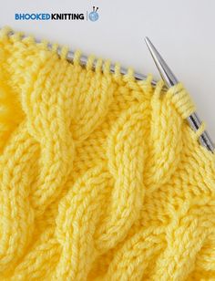 the crochet stitch is being worked on with two knitting needles in front of it