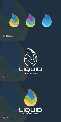 the logo for liquid is shown in three different colors and font, as well as an image