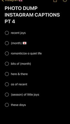 an instagram caption with the text'photo dump'in white on a black background
