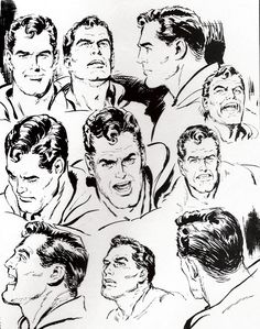 black and white drawing of men with different facial expressions