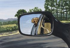 a painting of a dog sticking its head out the car window in front of it's rear view mirror